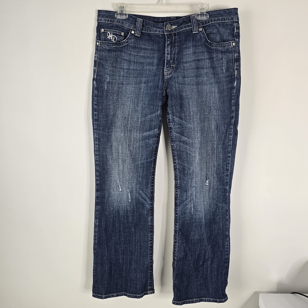 Harley Davidson Midrise Bootcut Distressed Denim Jeans Embroidered Pockets 14 - Picture 2 of 16